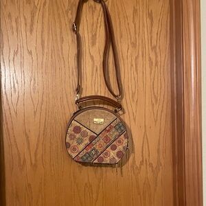Round Patchwork Crossbody Bag in Brown made with cork